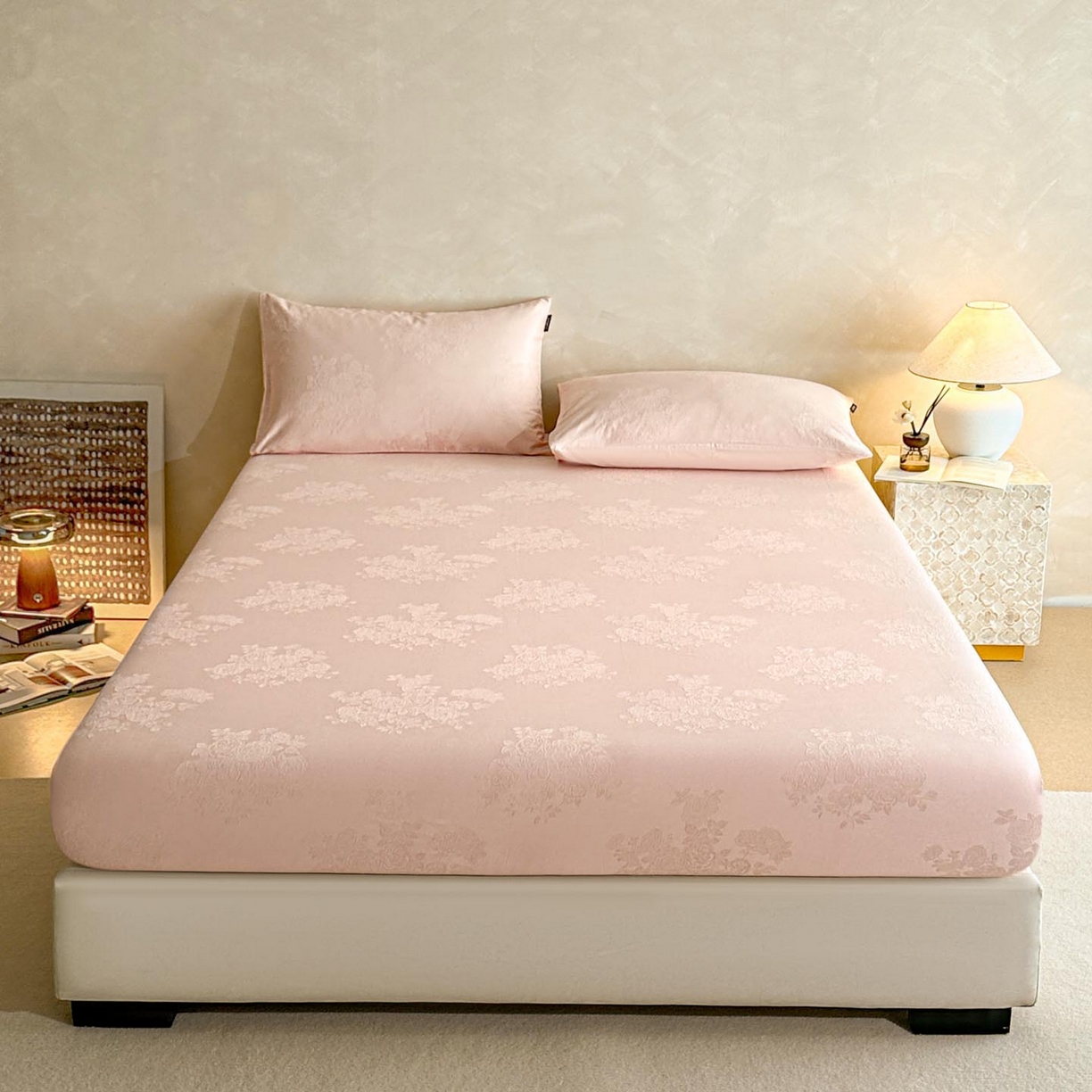 91家纺网 家纺一手货源 找家纺 涵宸家纺 2026新款全棉提花里拉系列单床笠 床笠-花夕-粉