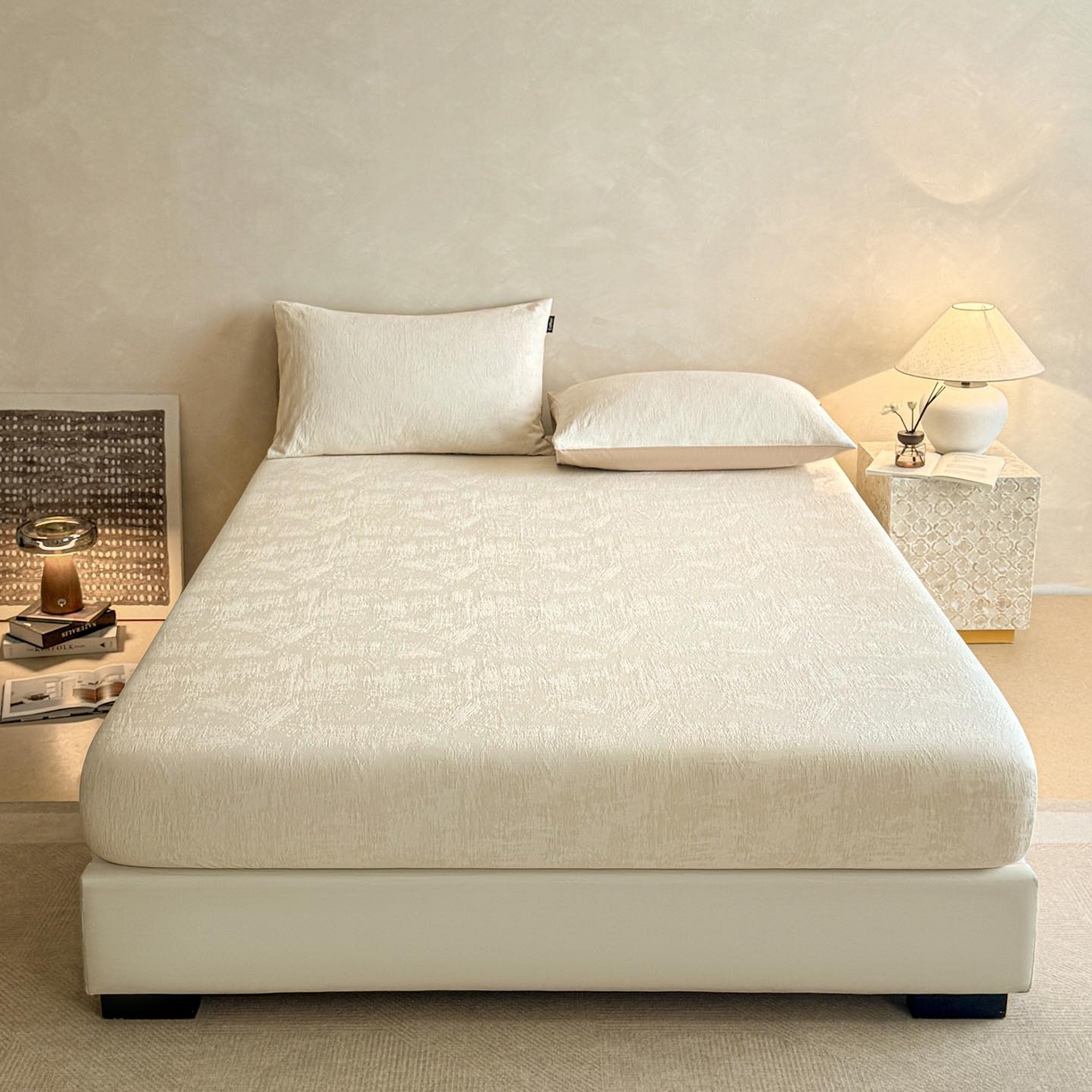 91家纺网 家纺一手货源 找家纺 涵宸家纺 2026新款全棉提花里拉系列单床笠 床笠-雾絮-奶白