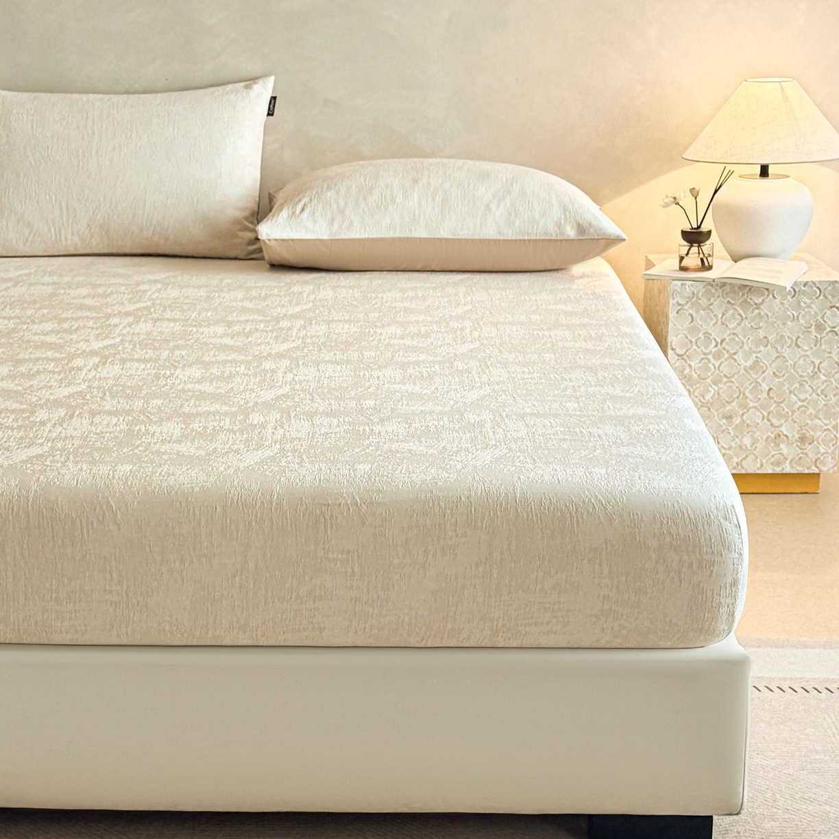 91家纺网 家纺一手货源 找家纺 涵宸家纺 2026新款全棉提花里拉系列单床笠 床笠-雾絮-奶白