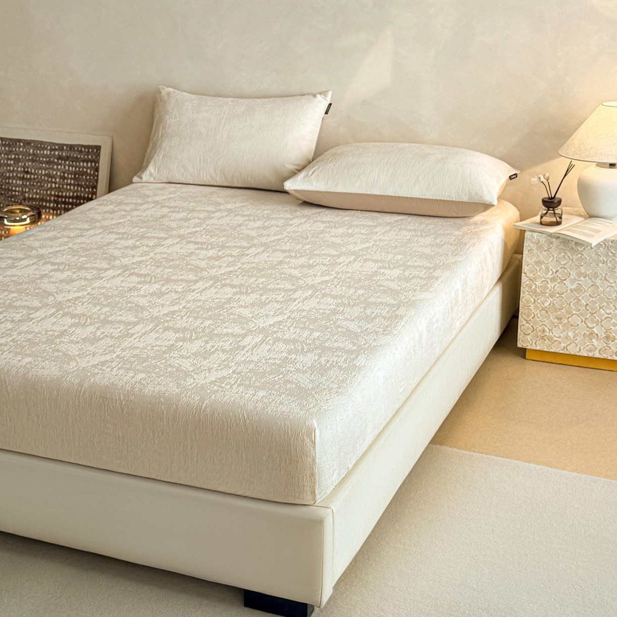 91家纺网 家纺一手货源 找家纺 涵宸家纺 2026新款全棉提花里拉系列单床笠 床笠-雾絮-奶白