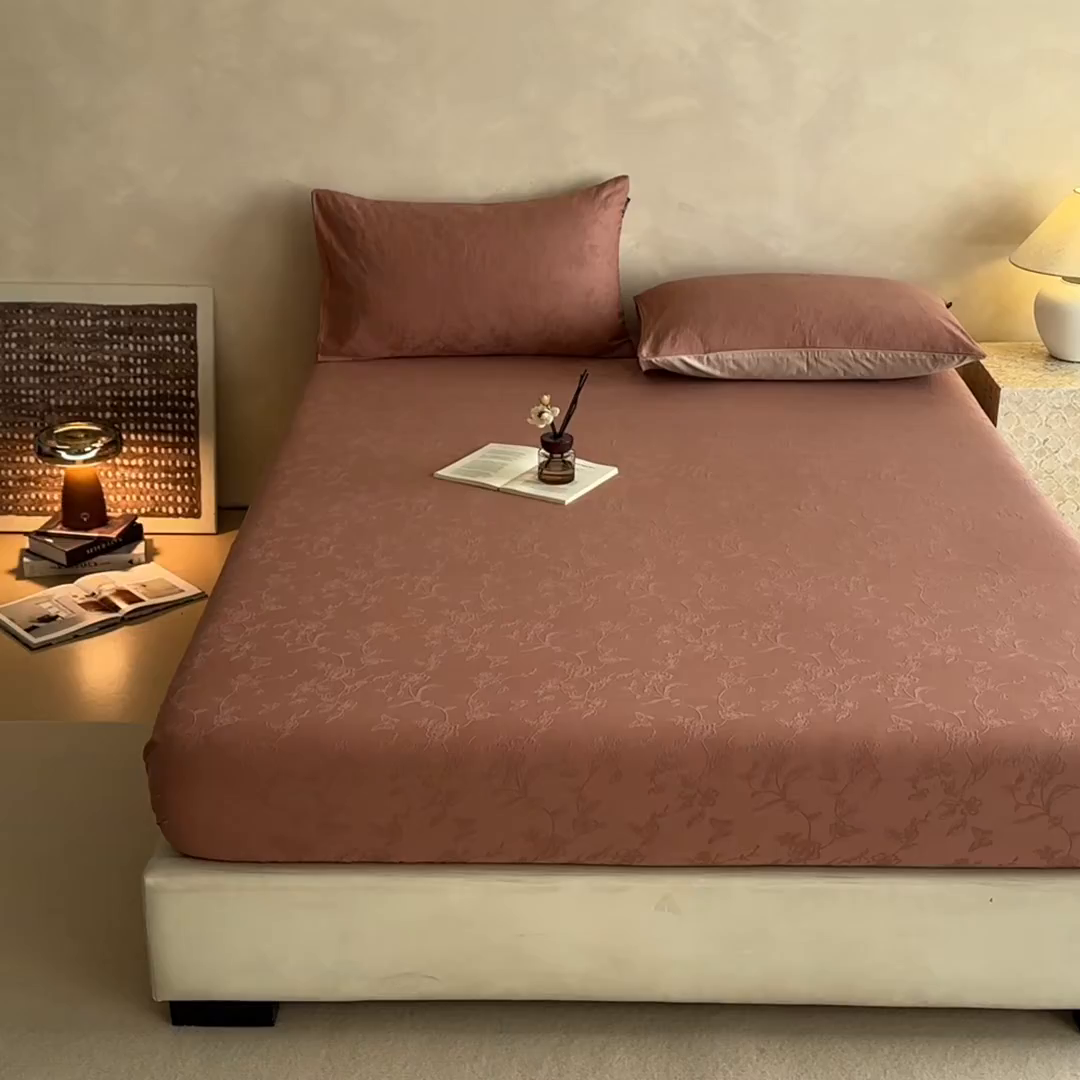 91家纺网 家纺一手货源 找家纺 涵宸家纺 2026新款全棉提花里拉系列单床笠 床笠-毓影-豆沙