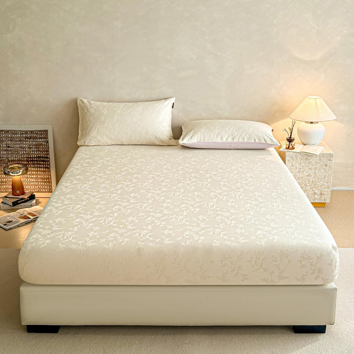 91家纺网 家纺一手货源 找家纺 涵宸家纺 2026新款全棉提花里拉系列单床笠 床笠-毓影-奶白