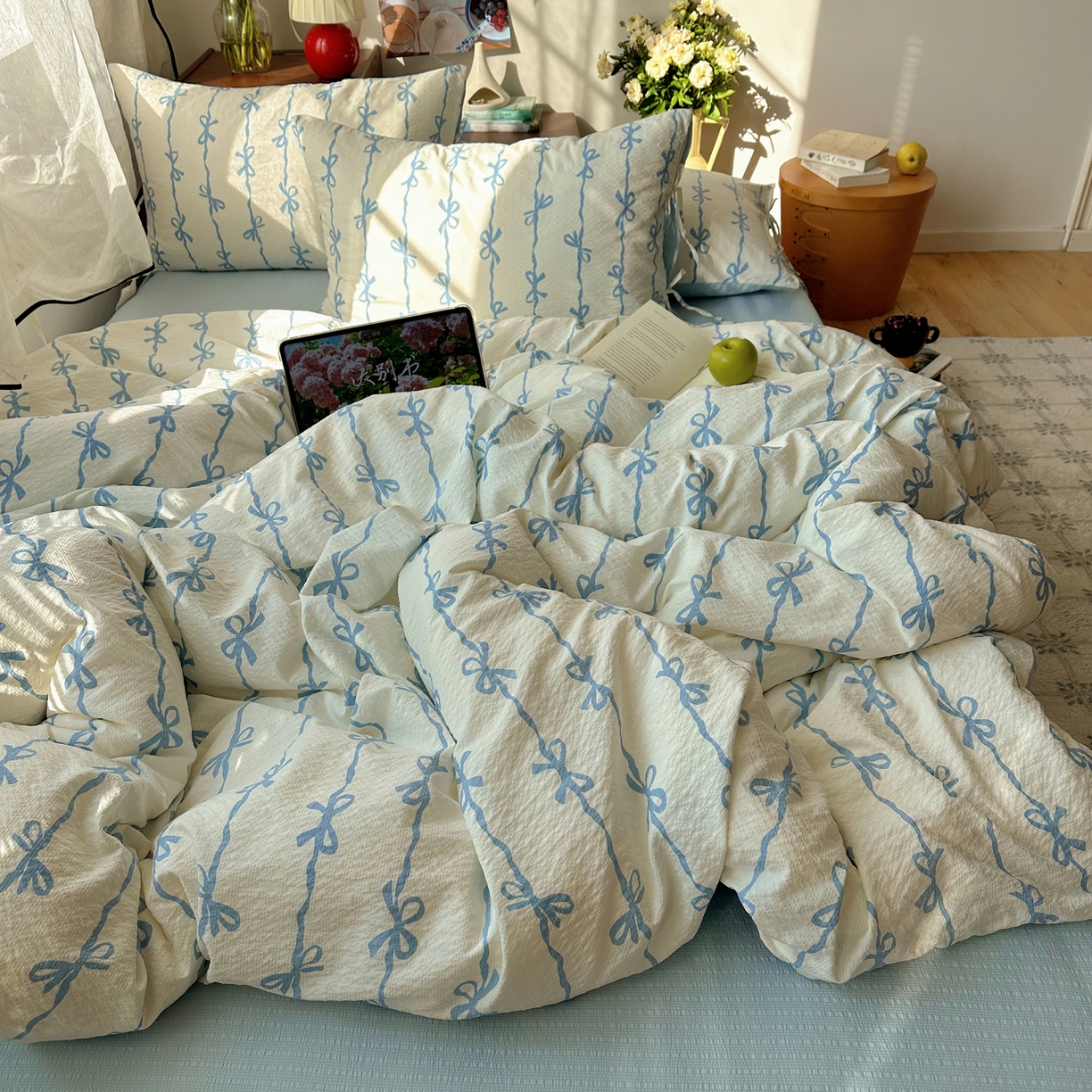 91家纺网 家纺一手货源 找家纺 （总）顾里家纺 2026新款韩系蝴蝶结系带泡芙棉套件四件套  会员-2元 可定制床笠+8元（小四件不做床笠）