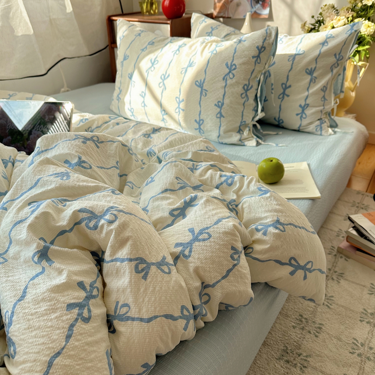 91家纺网 家纺一手货源 找家纺 （总）顾里家纺 2026新款韩系蝴蝶结系带泡芙棉套件四件套  会员-2元 可定制床笠+8元（小四件不做床笠）