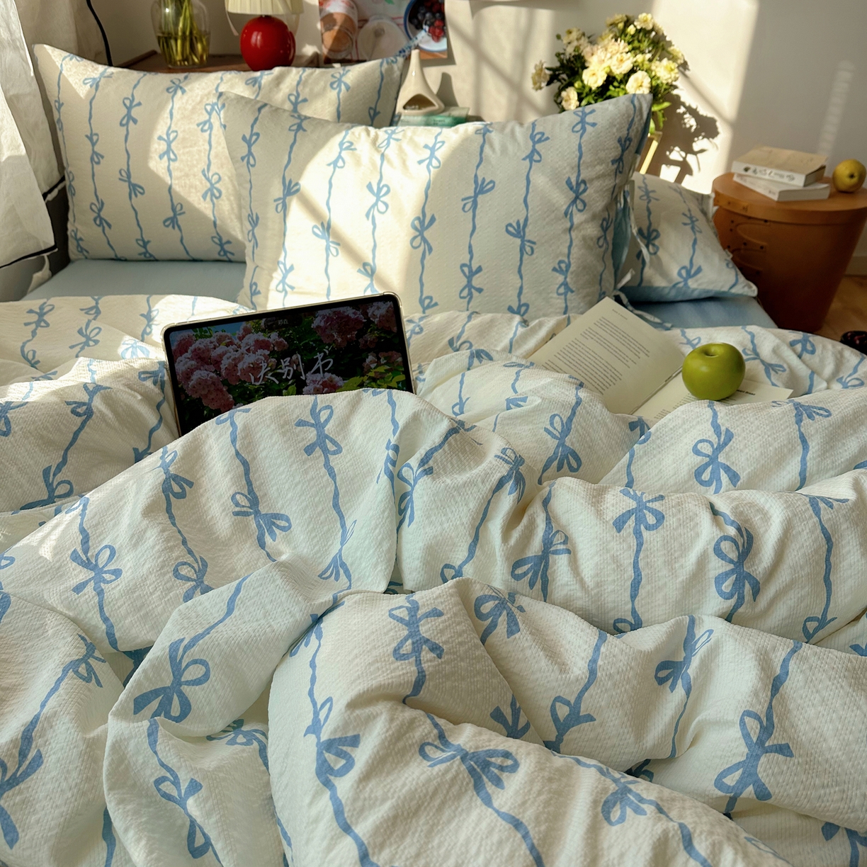 91家纺网 家纺一手货源 找家纺 （总）顾里家纺 2026新款韩系蝴蝶结系带泡芙棉套件四件套  会员-2元 可定制床笠+8元（小四件不做床笠）