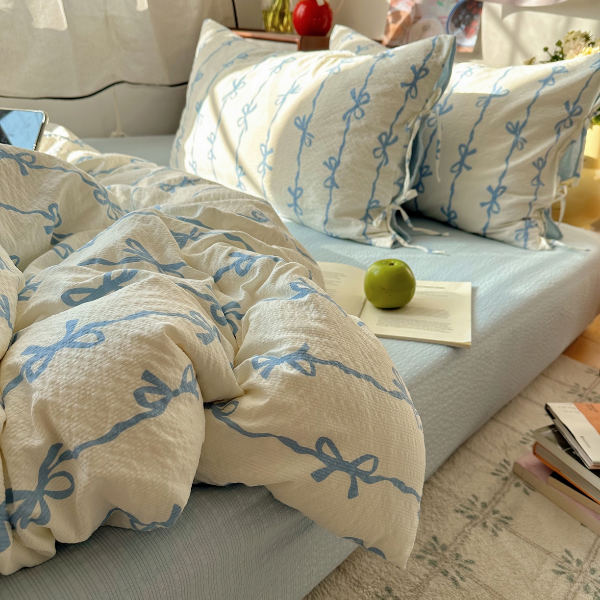 91家纺网 家纺一手货源 找家纺 （总）顾里家纺 2026新款韩系蝴蝶结系带泡芙棉套件四件套  会员-2元 可定制床笠+8元（小四件不做床笠）