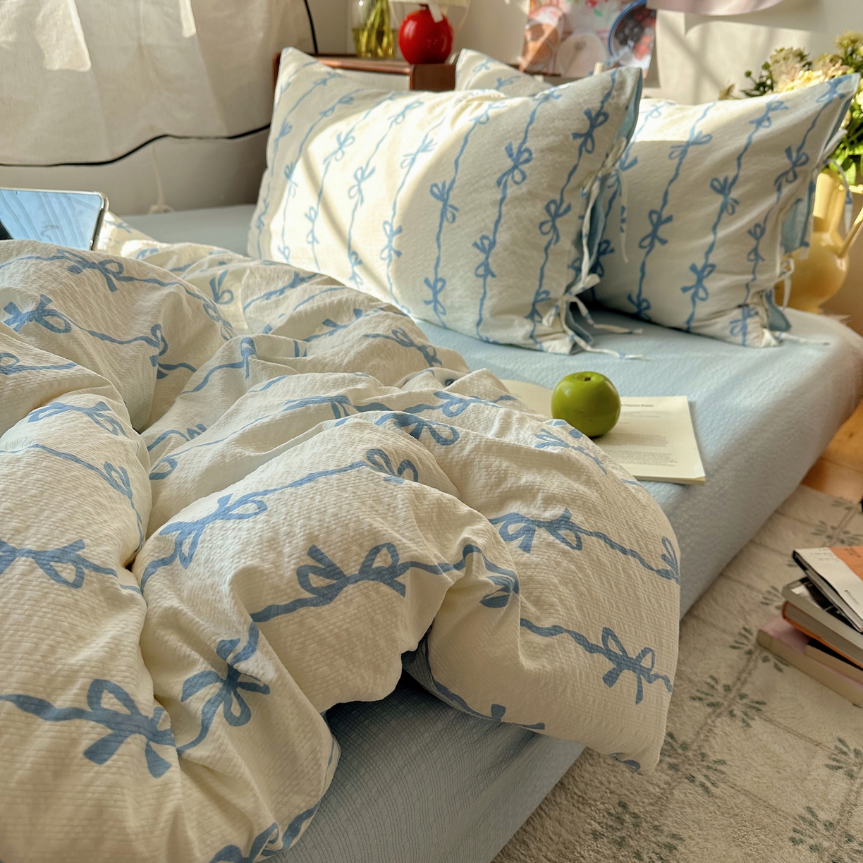 91家纺网 家纺一手货源 找家纺 （总）顾里家纺 2026新款韩系蝴蝶结系带泡芙棉套件四件套  会员-2元 可定制床笠+8元（小四件不做床笠）