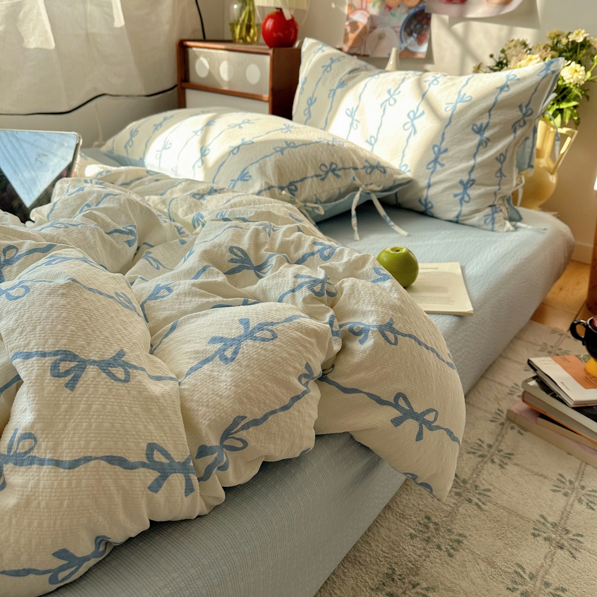 91家纺网 家纺一手货源 找家纺 （总）顾里家纺 2026新款韩系蝴蝶结系带泡芙棉套件四件套  会员-2元 可定制床笠+8元（小四件不做床笠）