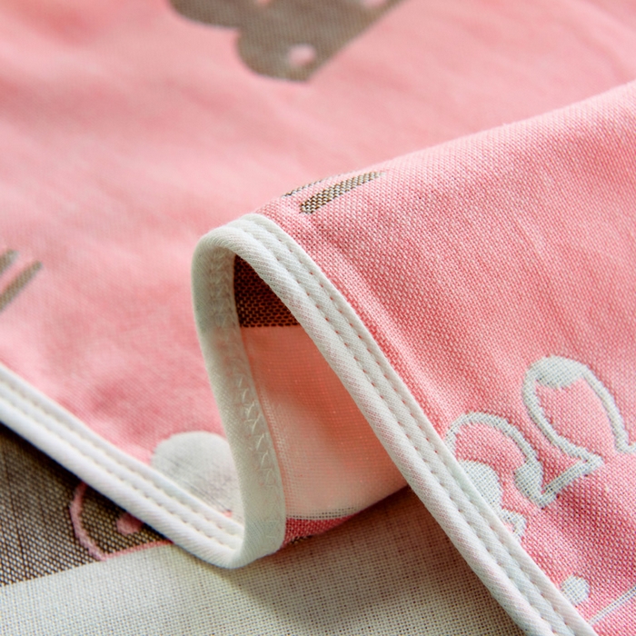 91家纺网 家纺一手货源 找家纺 朴尔家纺-毛巾被 2026新款六层纱布全棉循环小花型枕巾 算数小兔粉枕巾