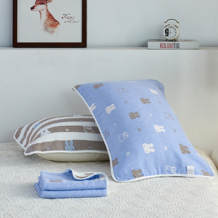 朴尔家纺-毛巾被 2026新款六层纱布全棉循环小花型枕巾 算数小兔兰枕巾