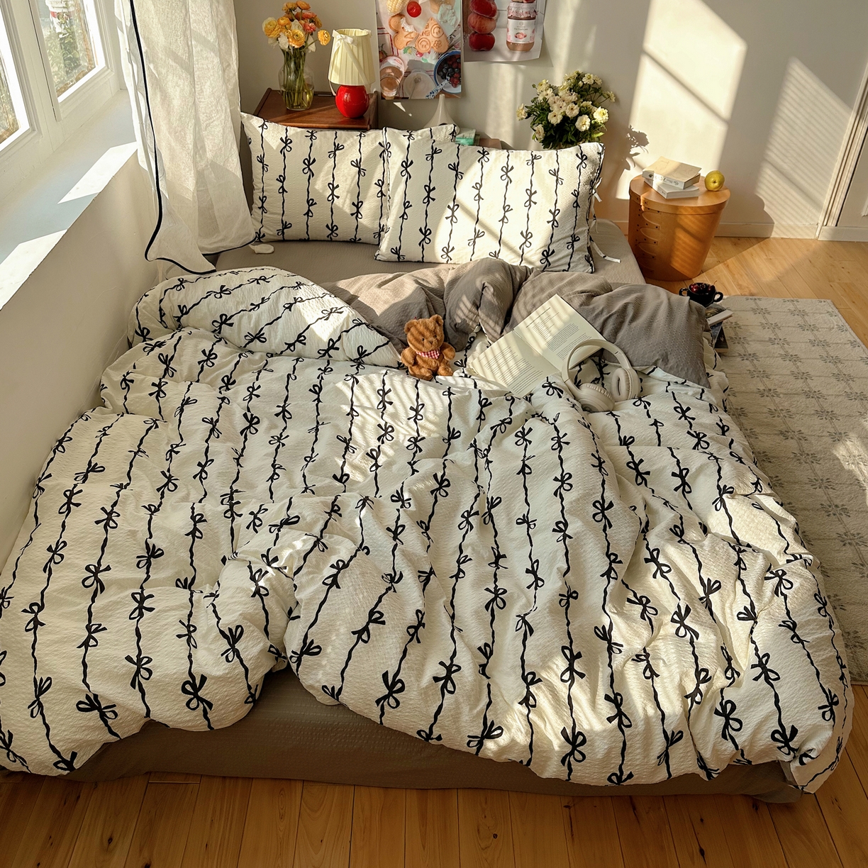 91家纺网 家纺一手货源 找家纺 顾里家纺 2026新款韩系蝴蝶结系带泡芙棉套件四件套  会员-2元 可定制床笠+8元（小四件不做床笠） 黑蝴蝶结