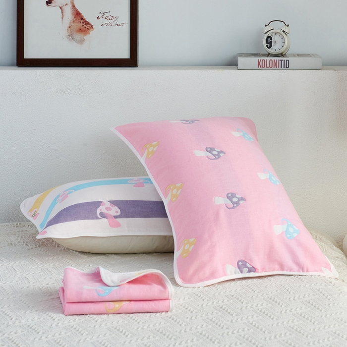 朴尔家纺-毛巾被 2026新款六层纱布全棉循环小花型枕巾 五彩蘑菇粉枕巾