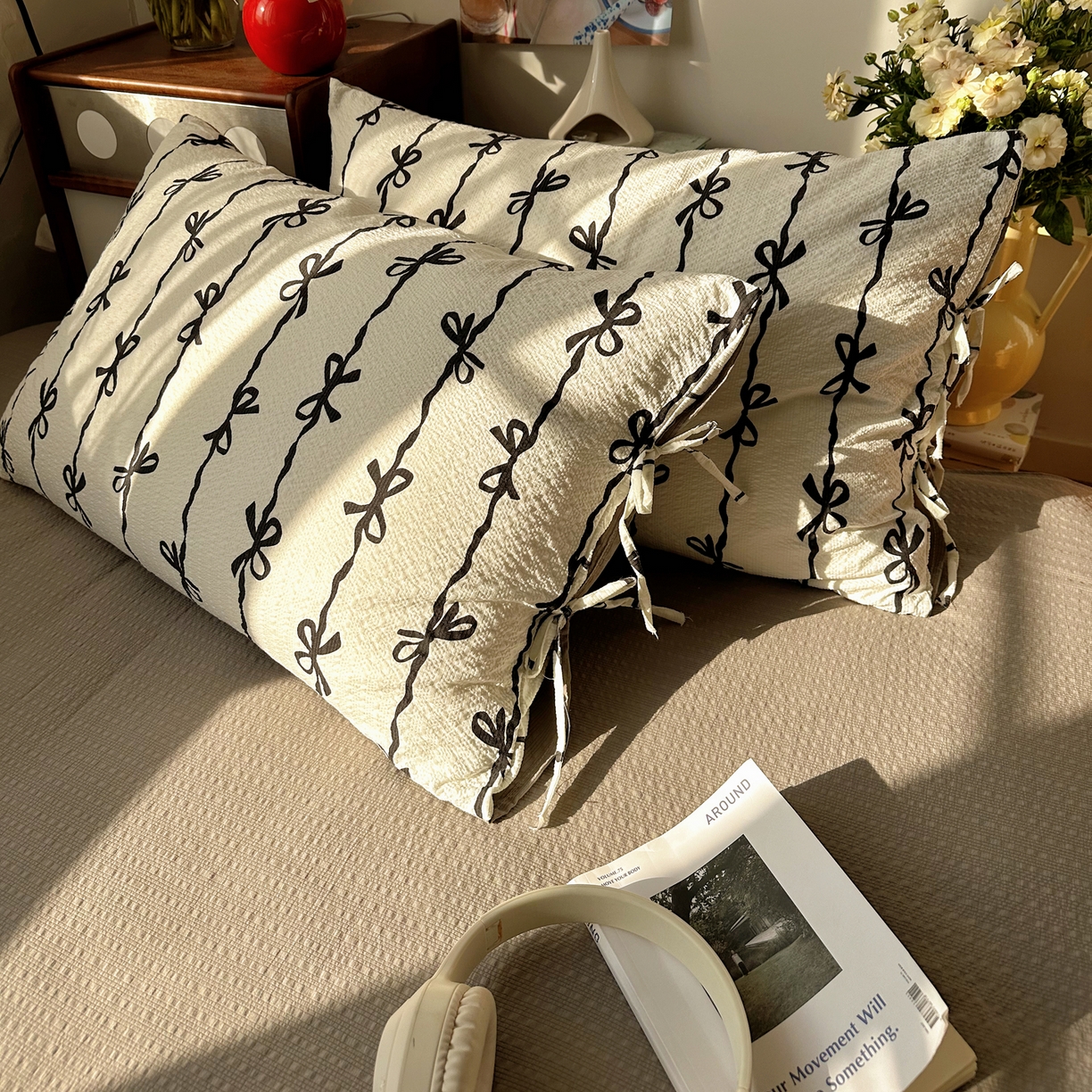 91家纺网 家纺一手货源 找家纺 顾里家纺 2026新款韩系蝴蝶结系带泡芙棉套件四件套  会员-2元 可定制床笠+8元（小四件不做床笠） 黑蝴蝶结