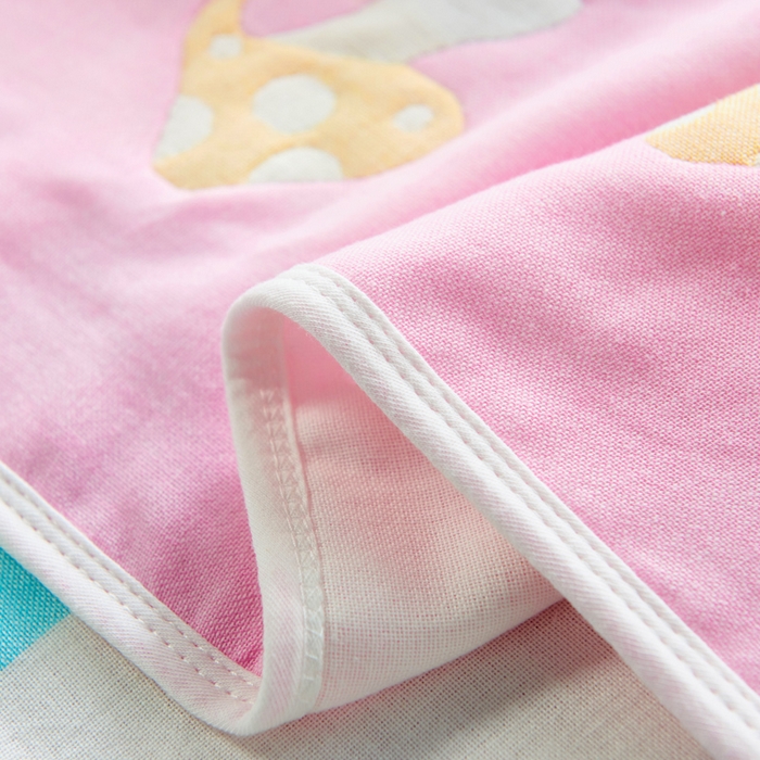 91家纺网 家纺一手货源 找家纺 朴尔家纺-毛巾被 2026新款六层纱布全棉循环小花型枕巾 五彩蘑菇粉枕巾