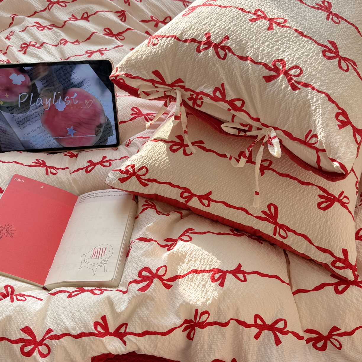 91家纺网 家纺一手货源 找家纺 顾里家纺 2026新款韩系蝴蝶结系带泡芙棉套件四件套  会员-2元 可定制床笠+8元（小四件不做床笠） 红蝴蝶结