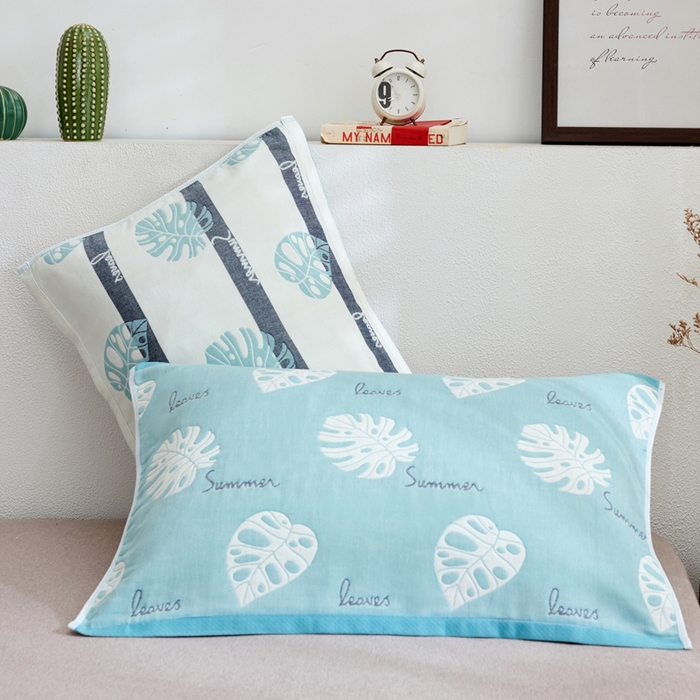 91家纺网 家纺一手货源 找家纺 朴尔家纺-毛巾被 2026新款六层纱布全棉循环小花型枕巾 芭蕉叶语