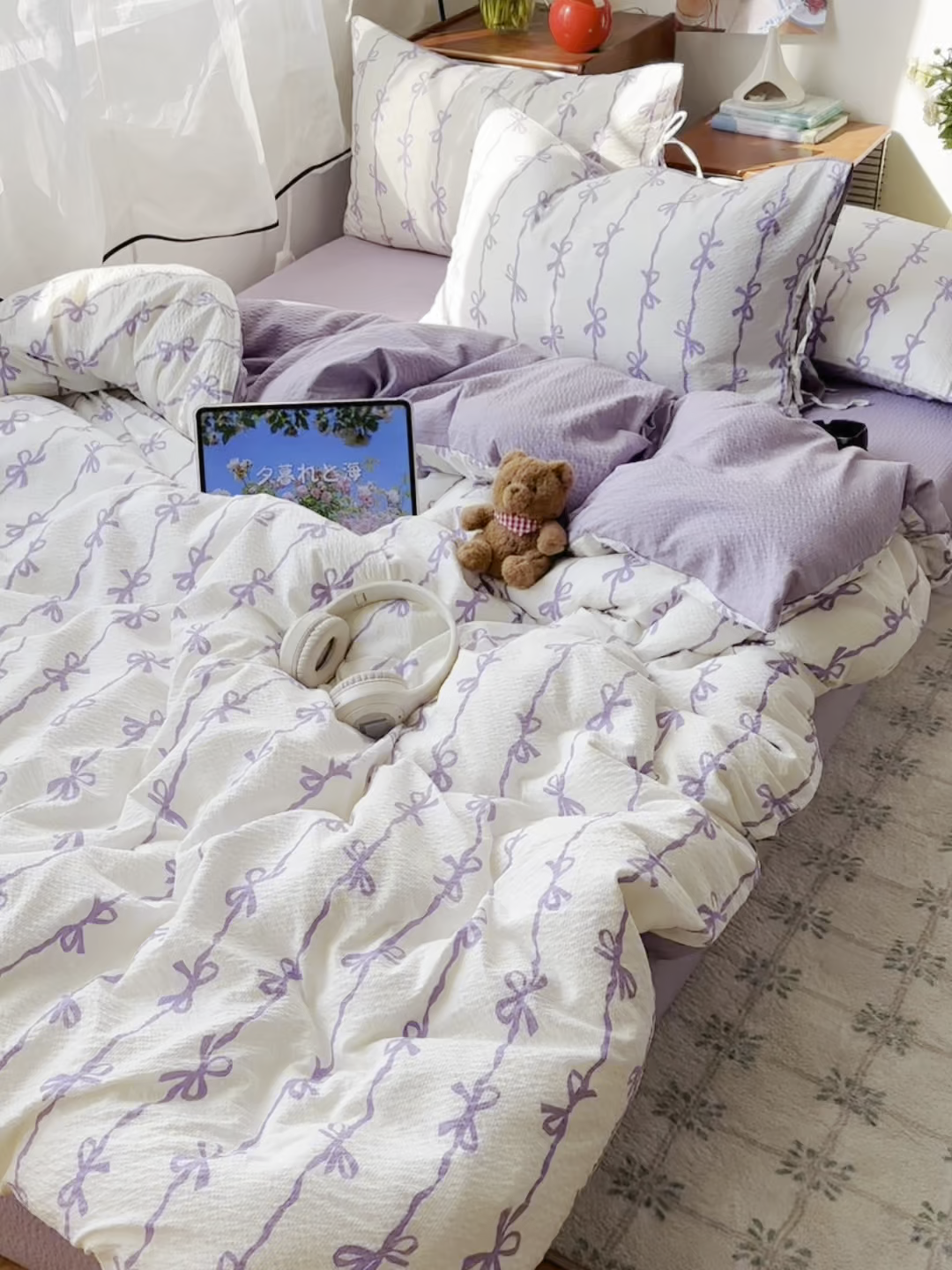 91家纺网 家纺一手货源 找家纺 顾里家纺 2026新款韩系蝴蝶结系带泡芙棉套件四件套  会员-2元 可定制床笠+8元（小四件不做床笠） 紫蝴蝶结