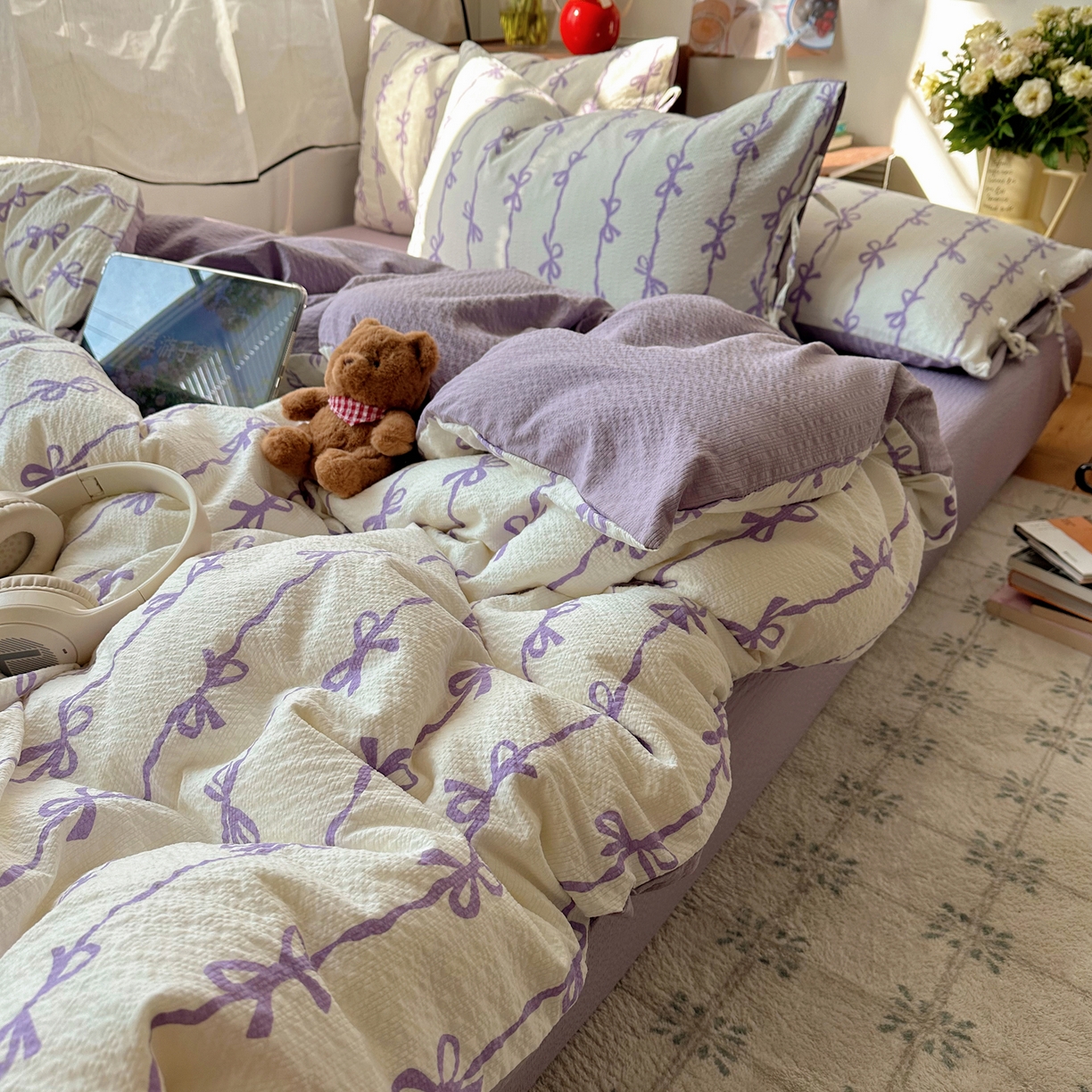 91家纺网 家纺一手货源 找家纺 顾里家纺 2026新款韩系蝴蝶结系带泡芙棉套件四件套  会员-2元 可定制床笠+8元（小四件不做床笠） 紫蝴蝶结