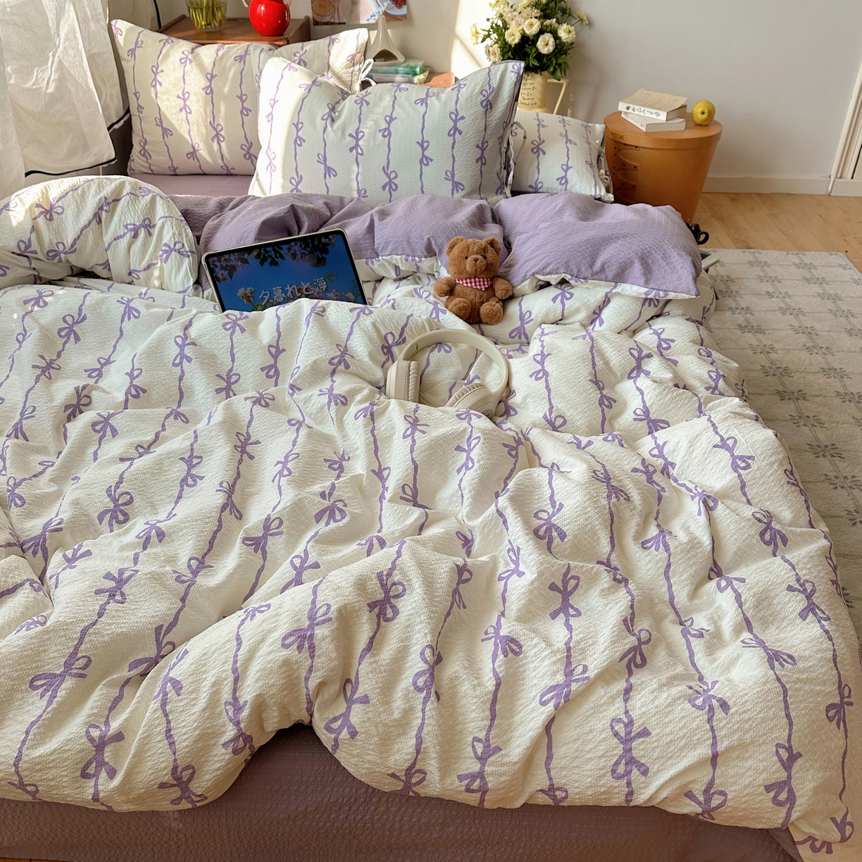 91家纺网 家纺一手货源 找家纺 顾里家纺 2026新款韩系蝴蝶结系带泡芙棉套件四件套  会员-2元 可定制床笠+8元（小四件不做床笠） 紫蝴蝶结