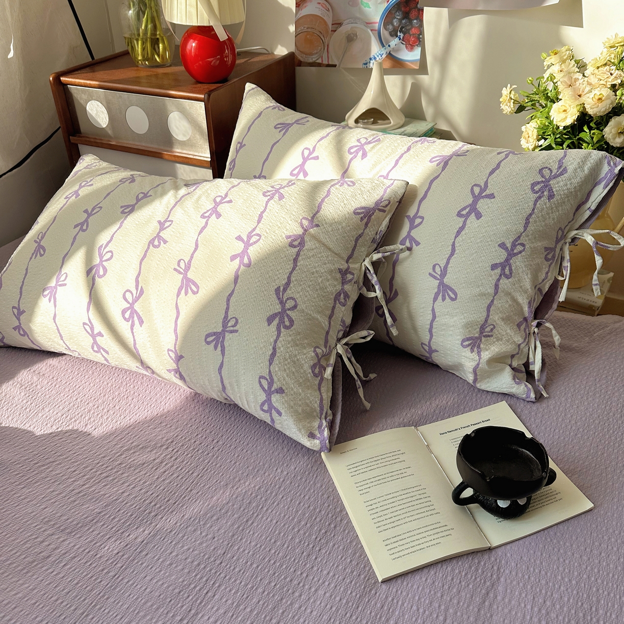 91家纺网 家纺一手货源 找家纺 顾里家纺 2026新款韩系蝴蝶结系带泡芙棉套件四件套  会员-2元 可定制床笠+8元（小四件不做床笠） 紫蝴蝶结