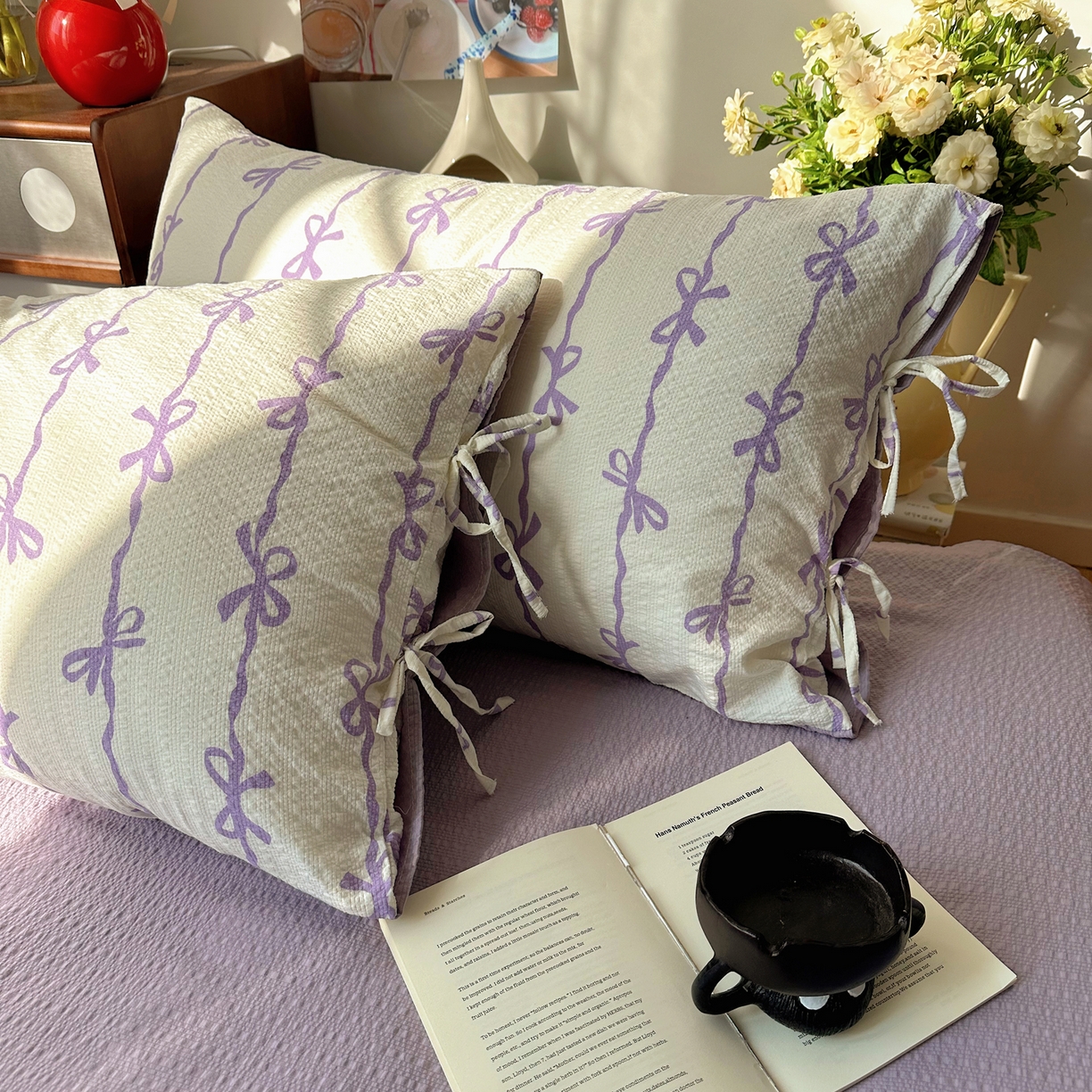 91家纺网 家纺一手货源 找家纺 顾里家纺 2026新款韩系蝴蝶结系带泡芙棉套件四件套  会员-2元 可定制床笠+8元（小四件不做床笠） 紫蝴蝶结