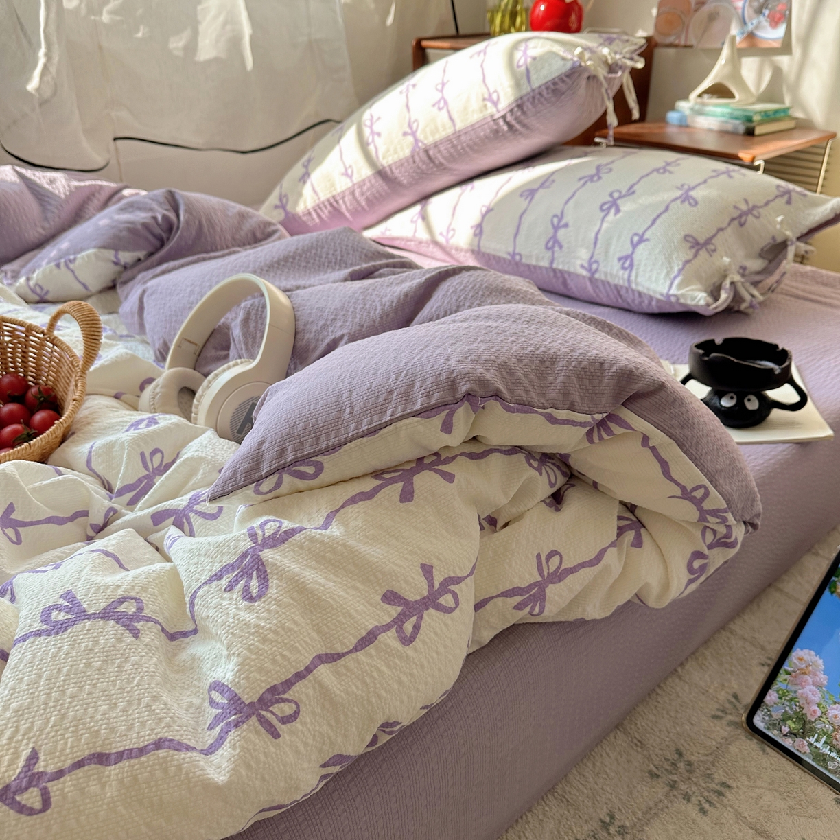 91家纺网 家纺一手货源 找家纺 顾里家纺 2026新款韩系蝴蝶结系带泡芙棉套件四件套  会员-2元 可定制床笠+8元（小四件不做床笠） 紫蝴蝶结
