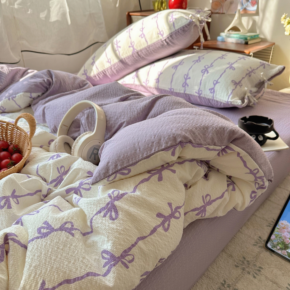 91家纺网 家纺一手货源 找家纺 顾里家纺 2026新款韩系蝴蝶结系带泡芙棉套件四件套  会员-2元 可定制床笠+8元（小四件不做床笠） 紫蝴蝶结