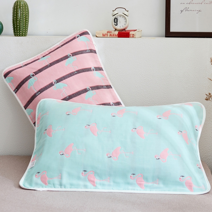 91家纺网 家纺一手货源 找家纺 朴尔家纺-毛巾被 2026新款六层纱布全棉循环小花型枕巾 火烈鸟兰