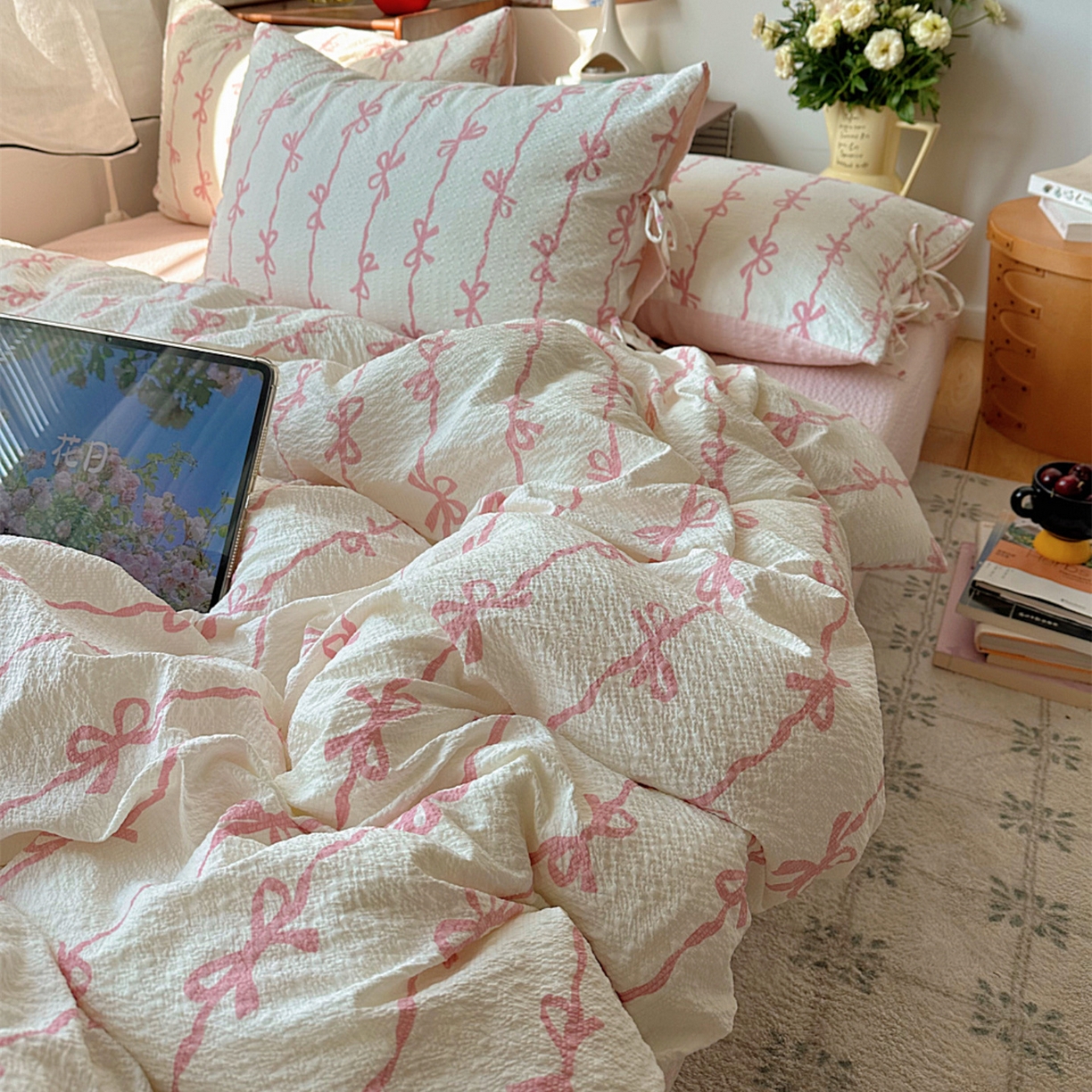 顾里家纺 2026新款韩系蝴蝶结系带泡芙棉套件四件套  会员-2元 可定制床笠+8元（小四件不做床笠） 粉蝴蝶结