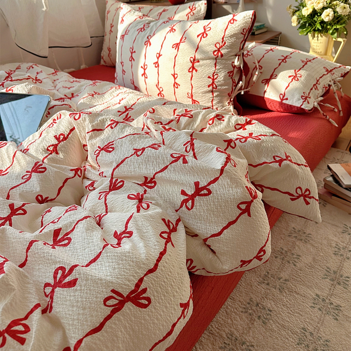 顾里家纺 2026新款韩系蝴蝶结系带泡芙棉套件四件套  会员-2元 可定制床笠+8元（小四件不做床笠） 红蝴蝶结