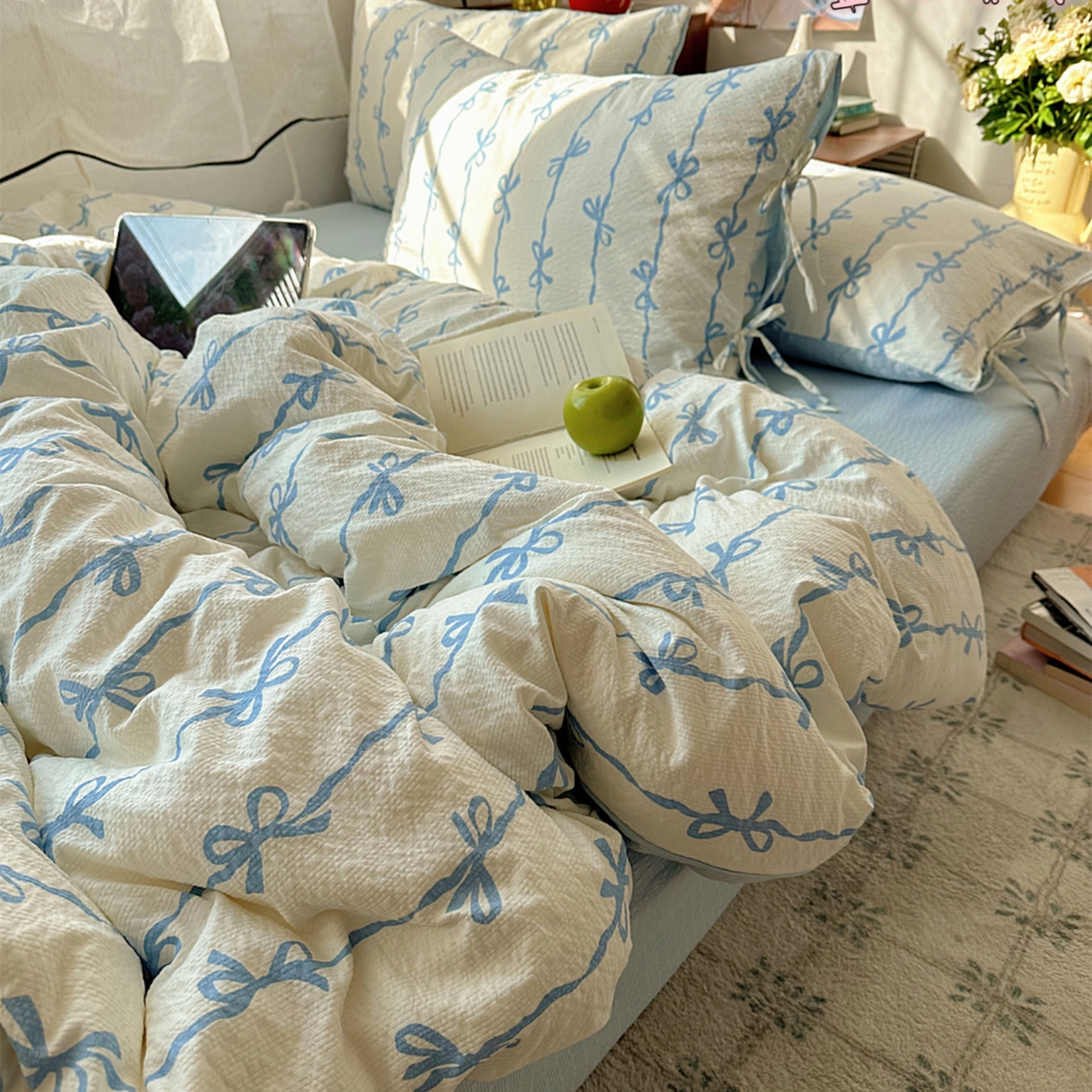 91家纺网 家纺一手货源 找家纺 （总）顾里家纺 2026新款韩系蝴蝶结系带泡芙棉套件四件套  会员-2元 可定制床笠+8元（小四件不做床笠）