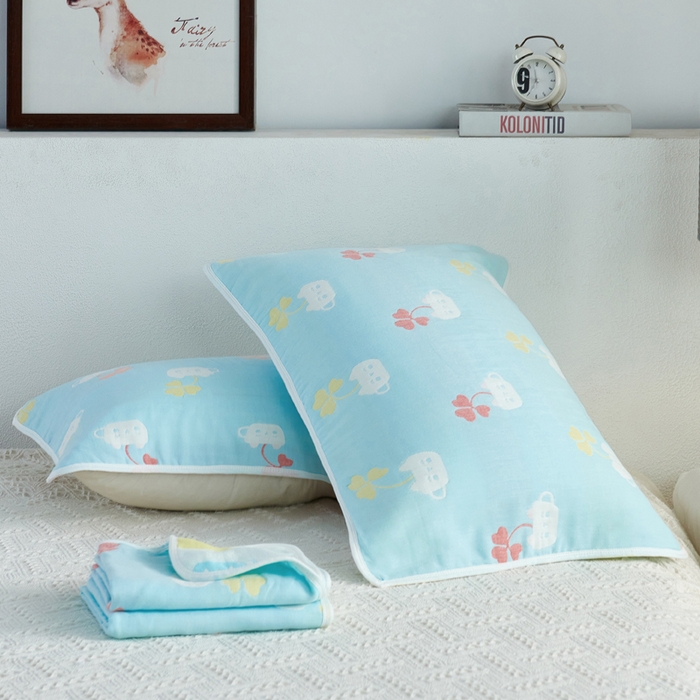 朴尔家纺-毛巾被 2026新款六层纱布全棉循环小花型枕巾 杯中叶语兰枕巾