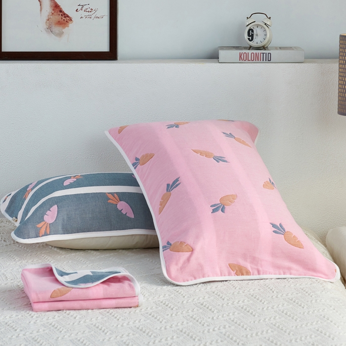 朴尔家纺-毛巾被 2026新款六层纱布全棉循环小花型枕巾 多彩胡萝卜粉枕巾