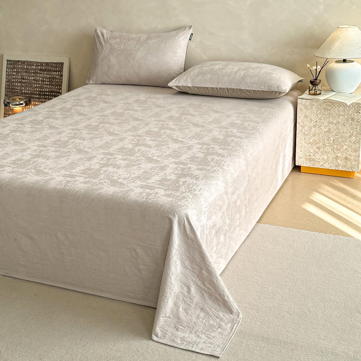 91家纺网 家纺一手货源 找家纺 涵宸家纺 2026新款全棉提花里拉系列单床单 床单-雾絮-灰