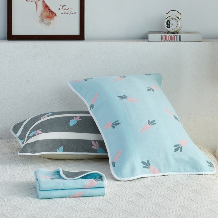 朴尔家纺-毛巾被 2026新款六层纱布全棉循环小花型枕巾 多彩胡萝卜兰枕巾