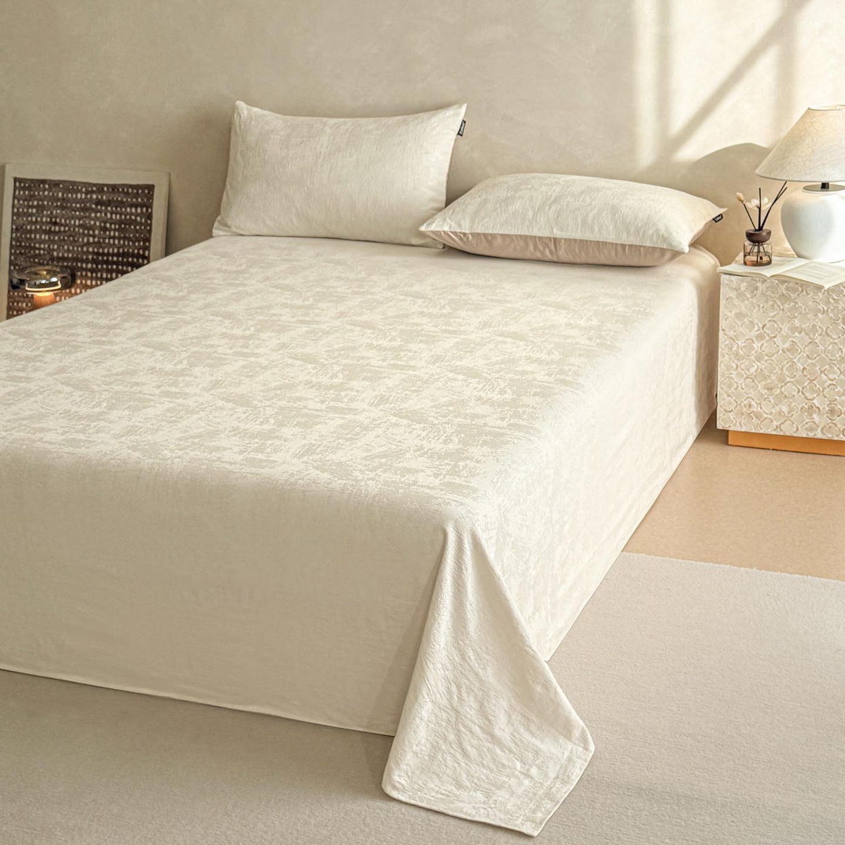 91家纺网 家纺一手货源 找家纺 涵宸家纺 2026新款全棉提花里拉系列单床单 床单-雾絮-奶白