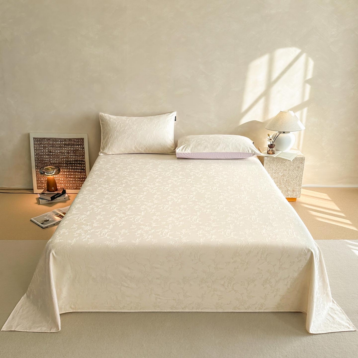 91家纺网 家纺一手货源 找家纺 涵宸家纺 2026新款全棉提花里拉系列单床单 床单-毓影-奶白