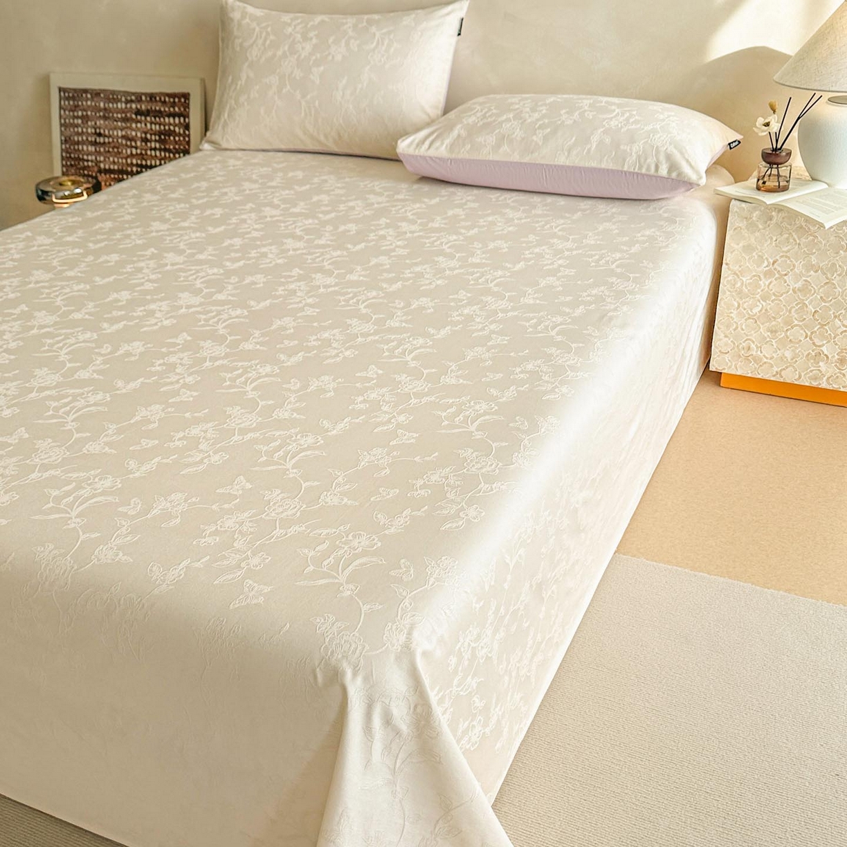 91家纺网 家纺一手货源 找家纺 涵宸家纺 2026新款全棉提花里拉系列单床单 床单-毓影-奶白