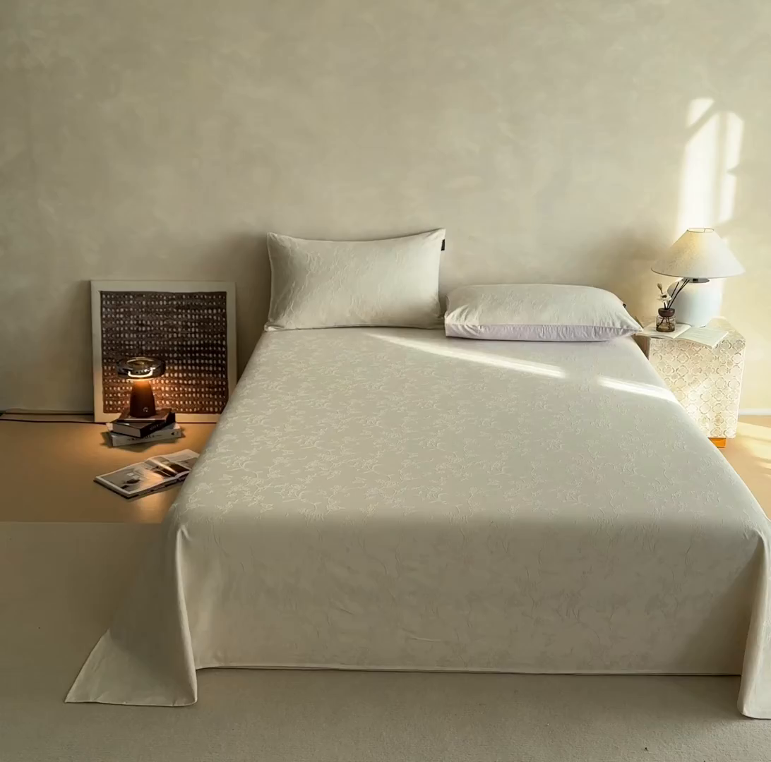 91家纺网 家纺一手货源 找家纺 涵宸家纺 2026新款全棉提花里拉系列单床单 床单-毓影-奶白