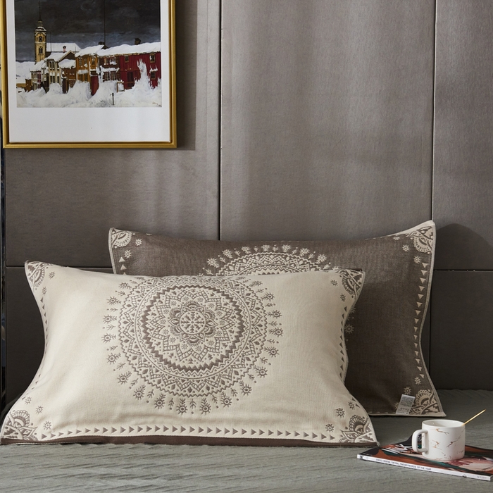 91家纺网 家纺一手货源 找家纺 朴尔家纺-毛巾被 2026新款波西米亚风全棉四层纱布枕巾 太阳神咖