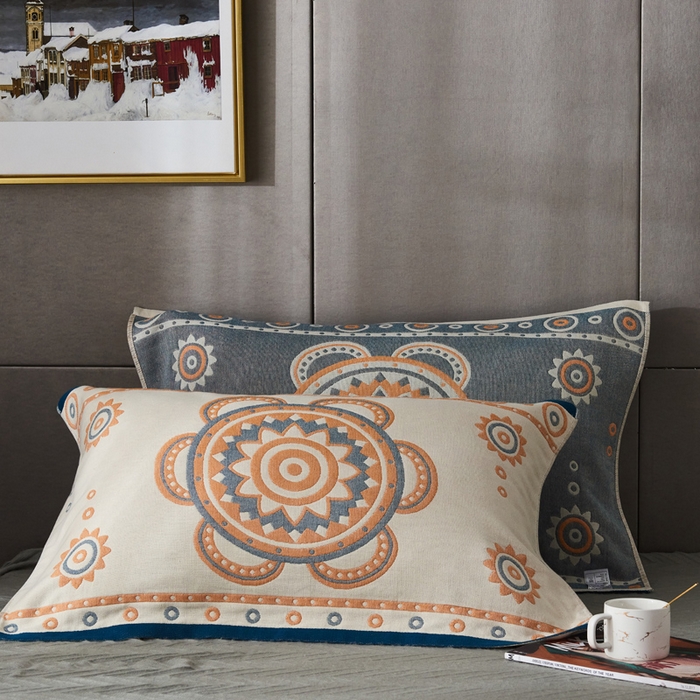 91家纺网 家纺一手货源 找家纺 朴尔家纺-毛巾被 2026新款波西米亚风全棉四层纱布枕巾 小太阳蓝