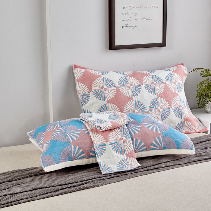 91家纺网 家纺一手货源 找家纺 朴尔家纺-毛巾被 2026新款波西米亚风全棉四层纱布枕巾 布尔乔亚粉