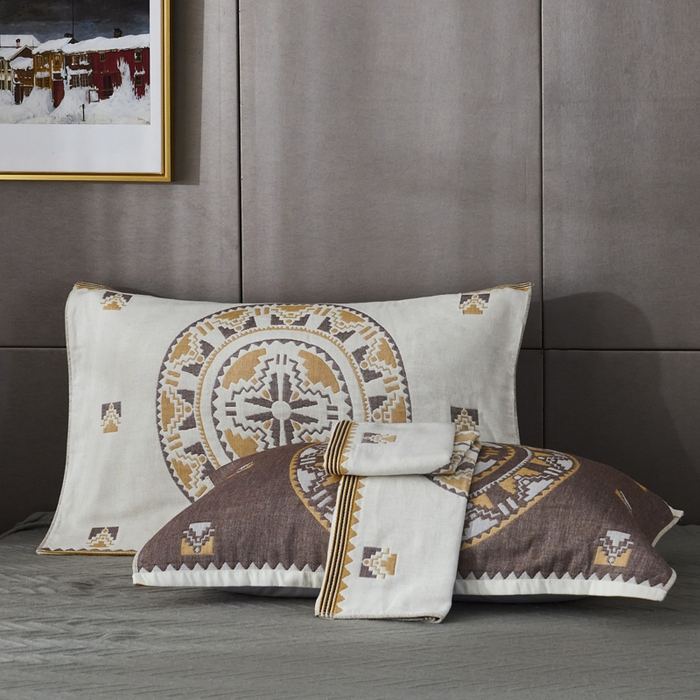 91家纺网 家纺一手货源 找家纺 朴尔家纺-毛巾被 2026新款波西米亚风全棉四层纱布枕巾 秘密驼