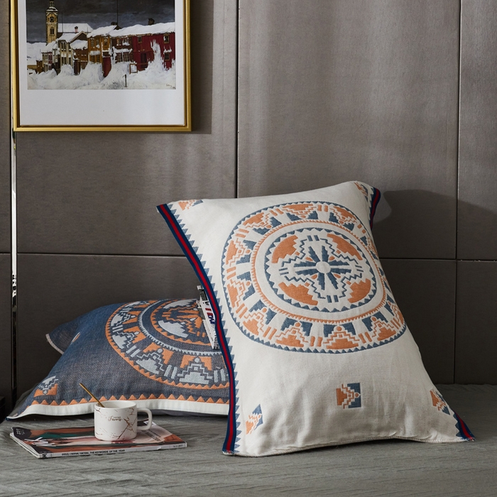 91家纺网 家纺一手货源 找家纺 朴尔家纺-毛巾被 2026新款波西米亚风全棉四层纱布枕巾 塞尔维亚藏青红