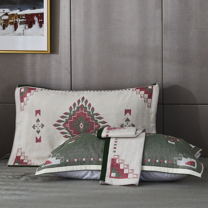 91家纺网 家纺一手货源 找家纺 朴尔家纺-毛巾被 2026新款波西米亚风全棉四层纱布枕巾 塔塔西蓝