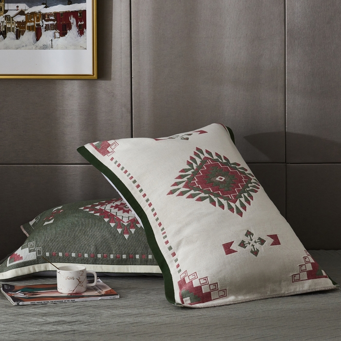 91家纺网 家纺一手货源 找家纺 朴尔家纺-毛巾被 2026新款波西米亚风全棉四层纱布枕巾 塔塔西蓝