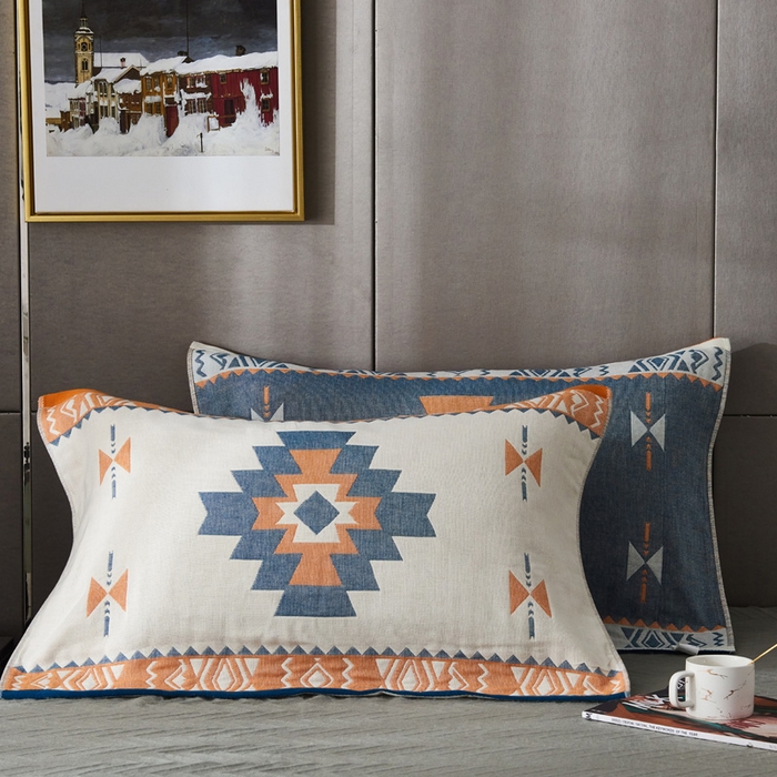 朴尔家纺-毛巾被 2026新款波西米亚风全棉四层纱布枕巾 拓卡斯蓝