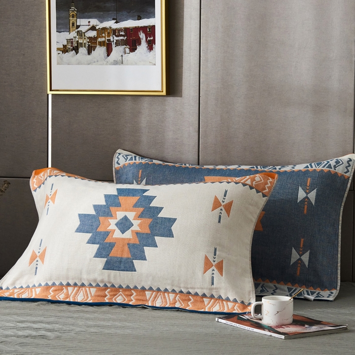 91家纺网 家纺一手货源 找家纺 朴尔家纺-毛巾被 2026新款波西米亚风全棉四层纱布枕巾 拓卡斯蓝