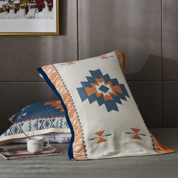 91家纺网 家纺一手货源 找家纺 朴尔家纺-毛巾被 2026新款波西米亚风全棉四层纱布枕巾 拓卡斯蓝