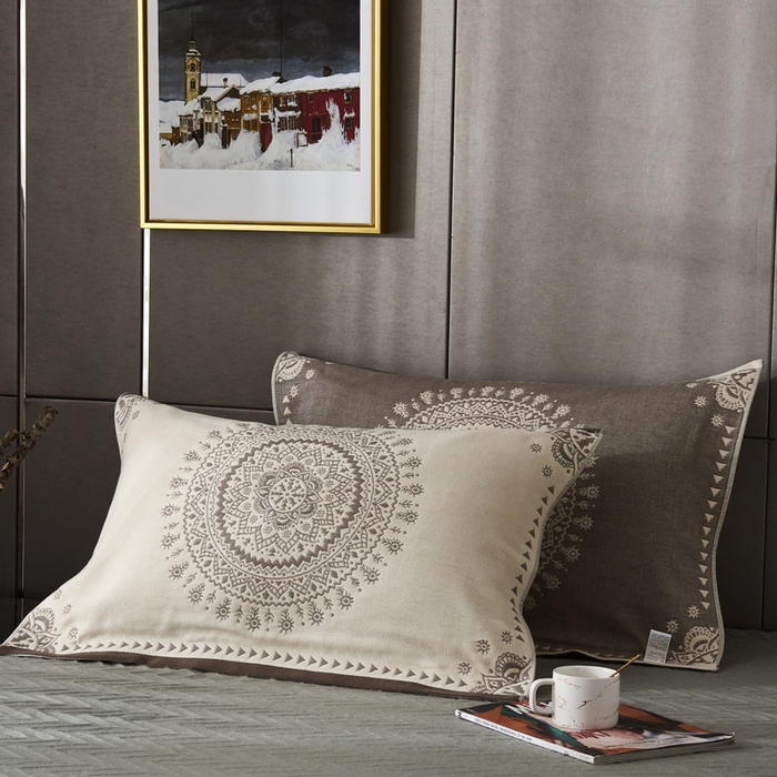 91家纺网 家纺一手货源 找家纺 朴尔家纺-毛巾被 2026新款波西米亚风全棉四层纱布枕巾 太阳神咖